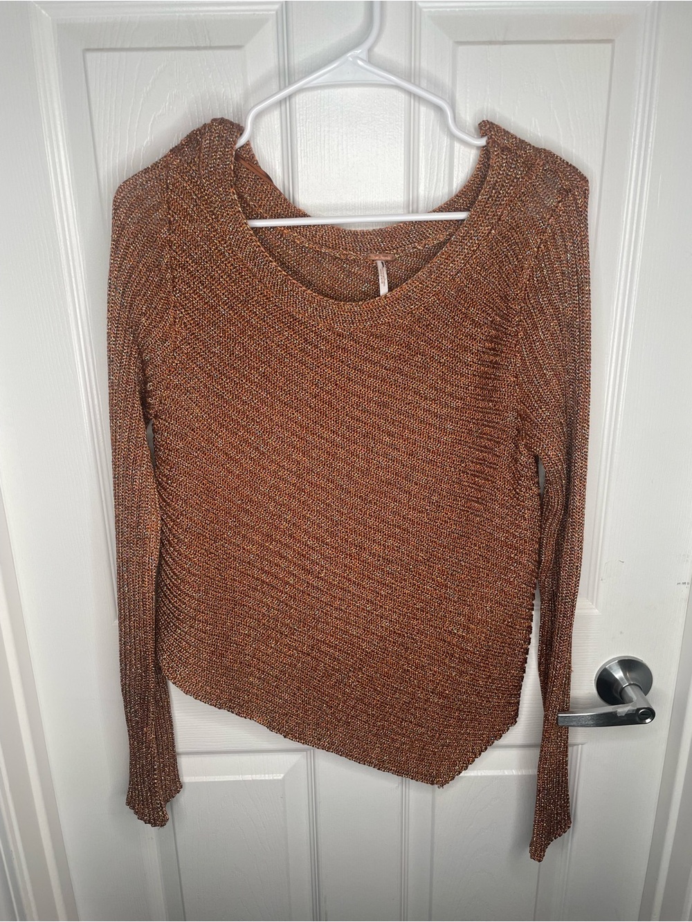 Free People Logan Metallic Knit Asymmetrical Sweater Holiday in Copper/Brown L - Picture 3 of 15